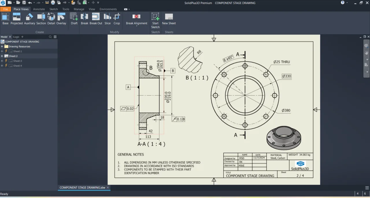 SolidPlus3D manufacturing drawing with section views, dimensions and geometric tolerances
